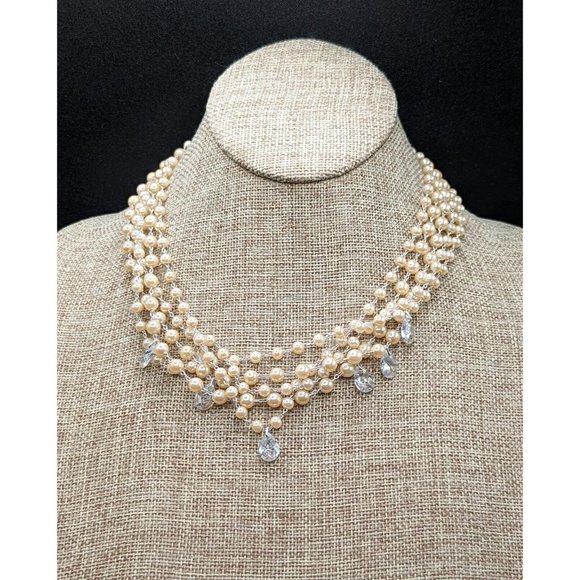 Carolee Faux Pearl Bead Multi Strand Layered Clear Faceted Teardrop Necklace - Picture 6 of 6